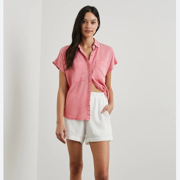 Rails Cito Pink Tencel Linen Acid Wash Denim Button Up Short Sleeve Shirt XS - Picture 1 of 10